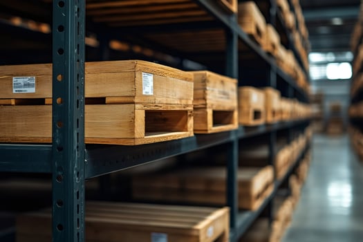 Wooden crates sitting on metal shelves in distribution warehouse photo