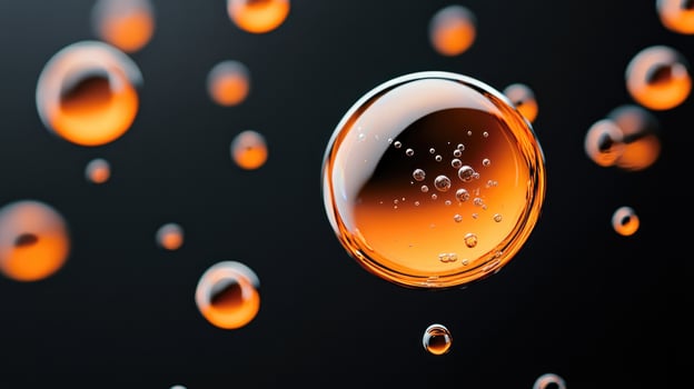 Orange liquid spheres hanging with small bubbles. photo