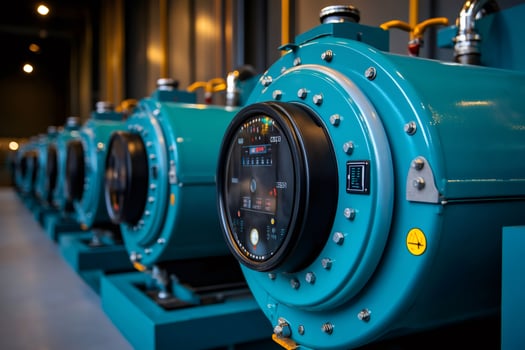 Industrial pumps with digital pressure gauges working in modern factory photo
