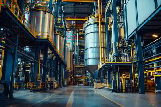 Industrial interior of manufacturing factory processing plant with storage tanks photo