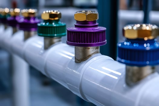Colorful valves regulating flow in industrial pipeline system photo