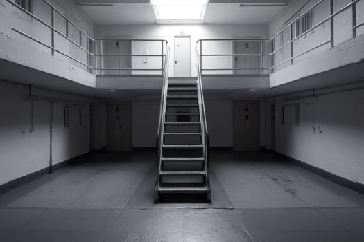 Metal staircase leading to prison cell block with skylight above photo