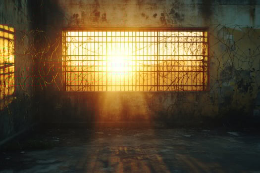 Barred window illuminating abandoned prison cell at sunset photo