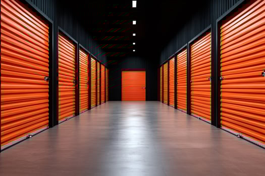 Long corridor with orange storage units and concrete floor photo