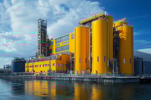 Modern yellow chemical plant processing materials on riverbank with cloudy sky photo