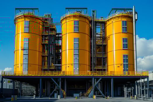 Yellow industrial tanks dominating the skyline of a chemical plant photo