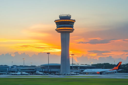 Airport control tower standing tall at sunset with airplane taxiing on runway photo