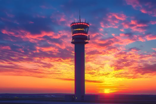 Airport control tower standing tall against vibrant sunset sky photo