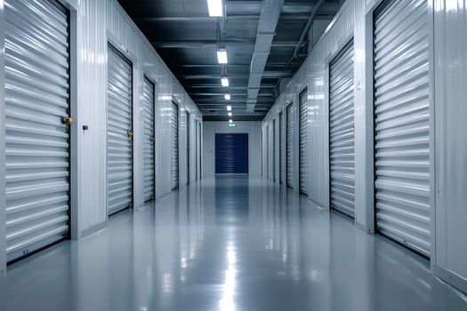 Storage units corridor with metal doors and polished floor photo