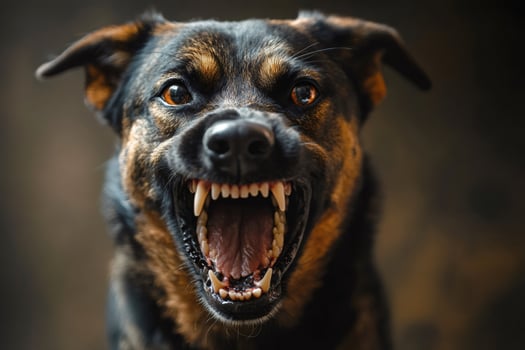 Aggressive dog showing teeth and growling, guard dog protecting home photo