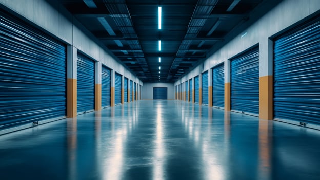 Long corridor with blue storage units and polished floor photo