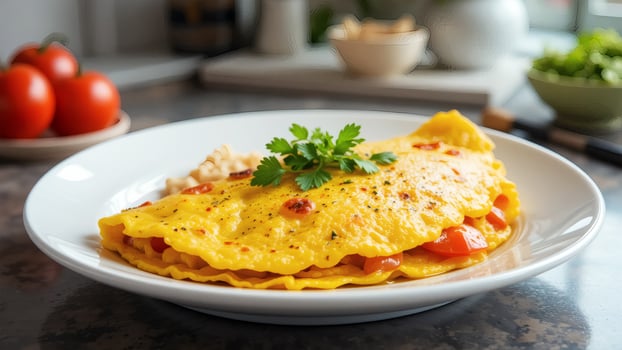 Delicious homemade tomato and cheese omelet on a plate photo