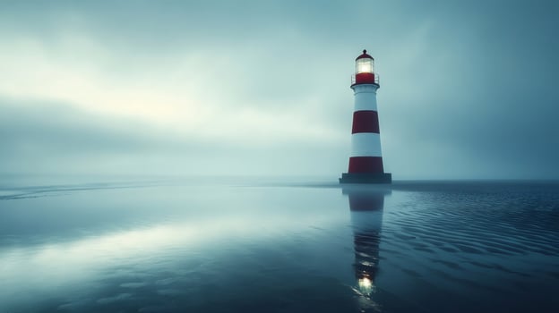 Lighthouse shining on tranquil misty coast at twilight guiding ships safely to shore photo