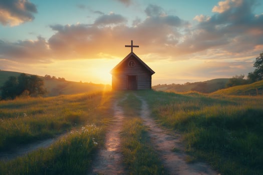 Wooden church standing on a hill at sunset with sunbeams shining through cross photo