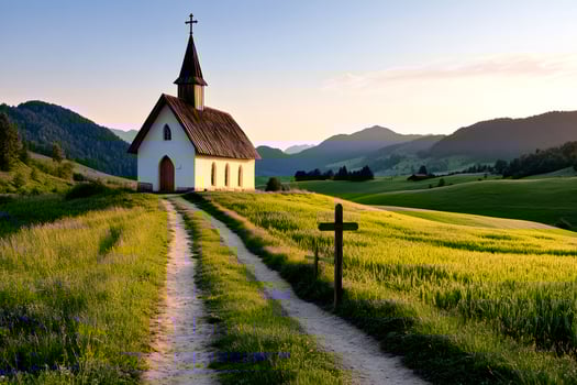 Small church standing on a hill at sunset in the countryside photo