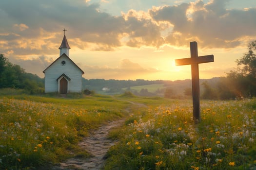 Wooden cross standing near church in field at sunset photo
