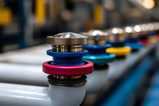 Industrial valves regulating flow in pipeline system photo