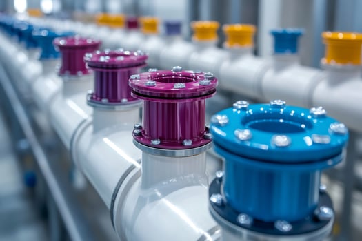 Colorful industrial valves regulating flow in pipeline system photo