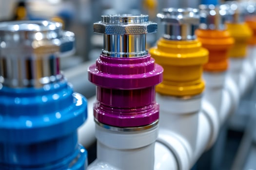 Colorful industrial valves connecting white pipes in modern factory setting photo
