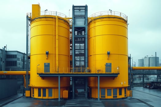 Two large yellow industrial tanks dominating chemical plant landscape photo