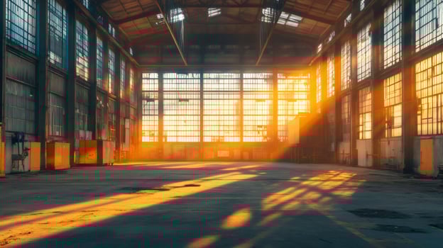 Empty industrial warehouse interior with sunlight shining through large windows photo