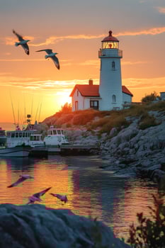 Seagulls flying over lighthouse at vibrant sunset with boats docked photo