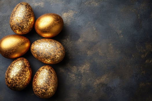 Golden easter eggs arranged on dark background creating festive atmosphere photo