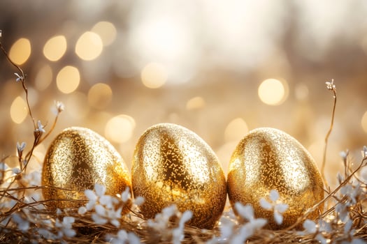 Golden easter eggs decorated with glitter laying on a nest photo