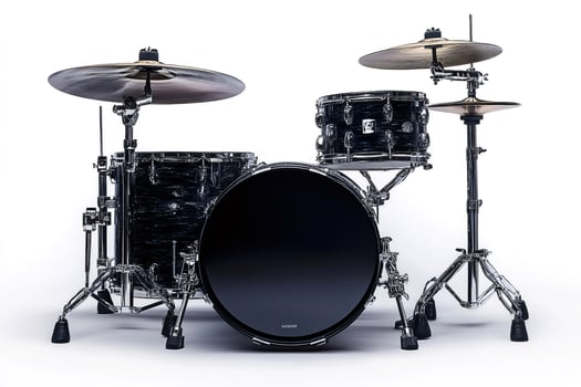 Drum set standing on white background, ready for playing rock music photo