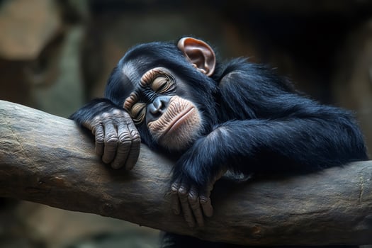 Young chimpanzee sleeping peacefully on a branch photo