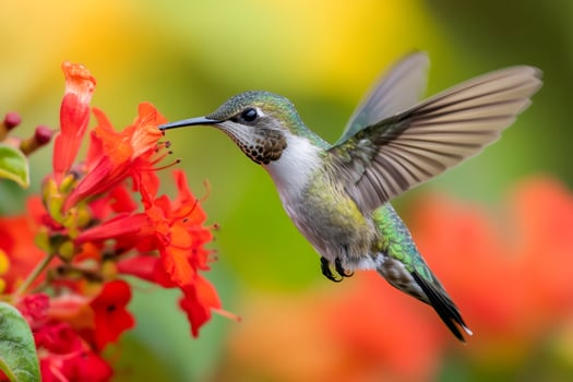 Hummingbird hovering and drinking nectar from red trumpet vine flower photo