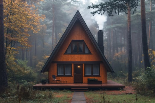 Cozy a frame cabin smoking in a misty autumn forest photo