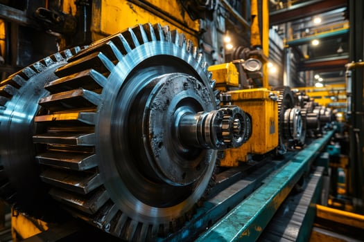Large gear rotating in heavy industrial factory machinery photo