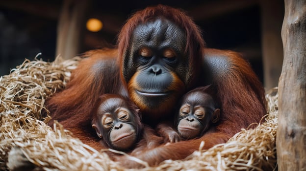 Orangutan mother cuddling with babies in nest photo