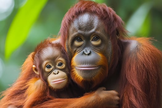 Mother orangutan embracing baby orangutan in lush green forest photo