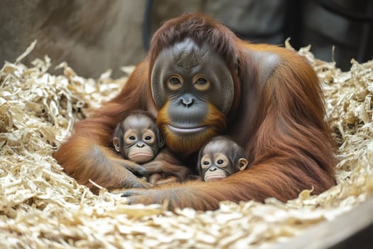 Orangutan mother embracing two adorable babies in nest photo
