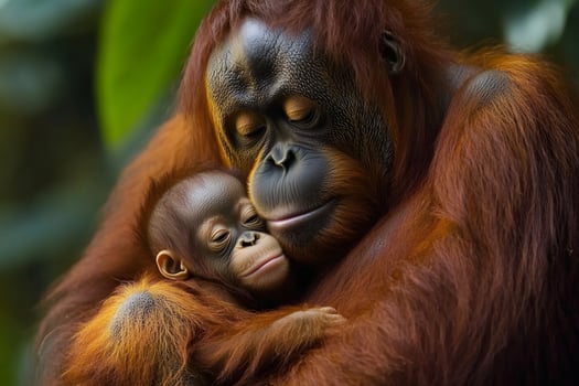 Mother orangutan embracing her baby with tenderness and love photo