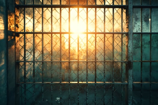 Golden sunlight shining through old rusty metal bars and wire mesh photo