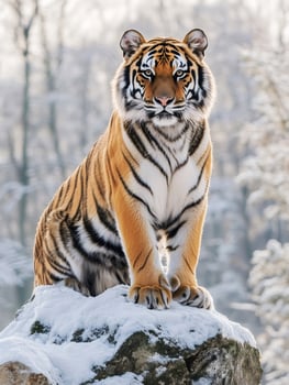 Majestic siberian tiger sitting on snowy rock in winter forest photo