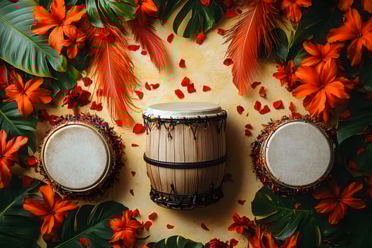Tropical Celebration with Vibrant Drums and Hibiscus Flowers for Festive Designs photo