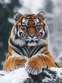 Siberian tiger resting paws on snowy rock in winter forest photo