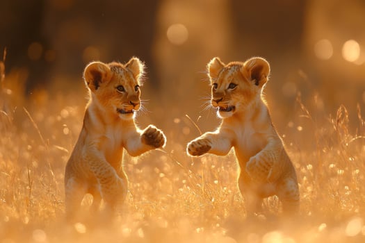 Two lion cubs playing in golden sunlight at sunset photo