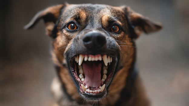 Aggressive dog showing teeth and growling dangerously photo