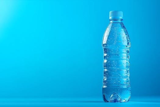Sparkling water bottle on a gradient blue background promoting world day and the importance of hydration copy space photo