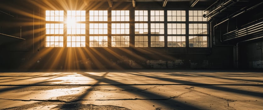 Sunlight Streaming Through Industrial Ceiling Windows and Ducts photo