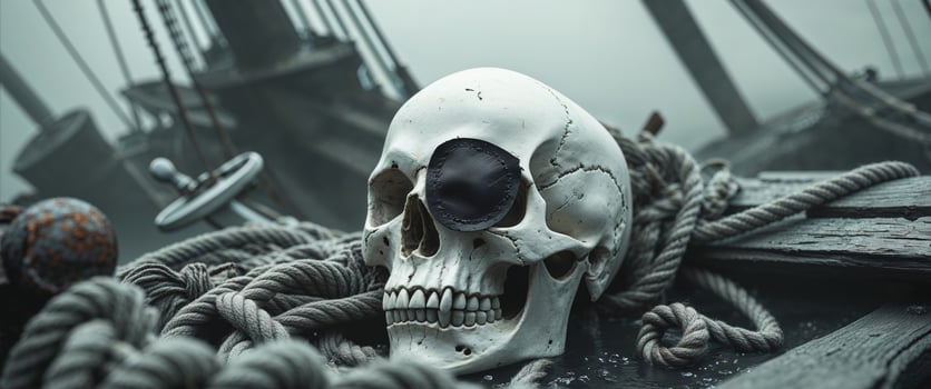 A skull is sitting on a boat with ropes photo