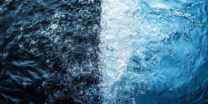 Oxygen bubbles ascending through deep blue waters, forming dynamic contrast between dark and illuminated sections photo
