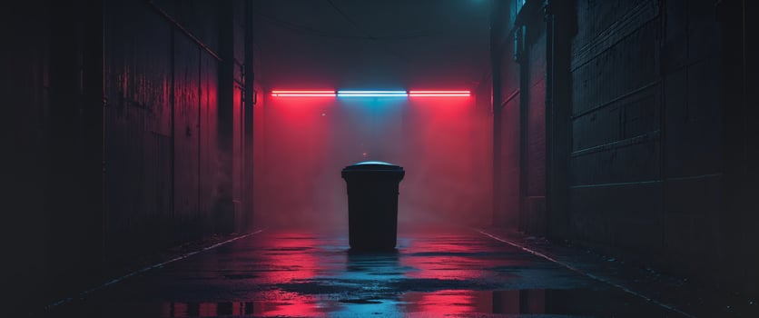 A red and blue neon light is shining in the dark photo