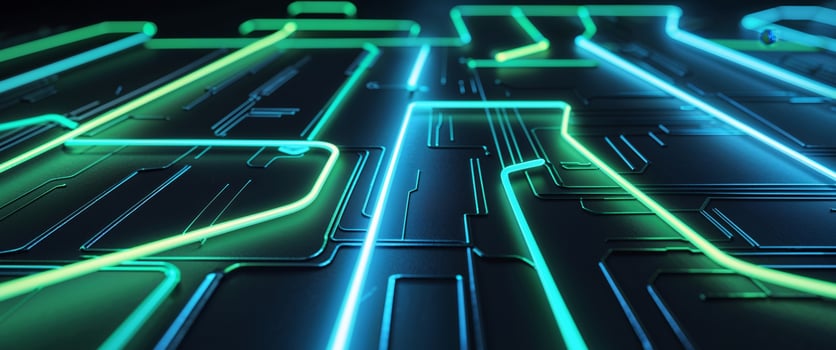 A neon green and blue circuit board with lines photo