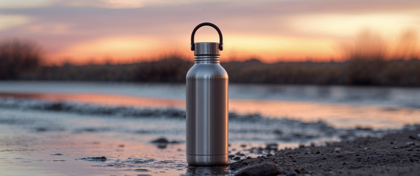 Metal water bottle with sunset background near the river shore. photo